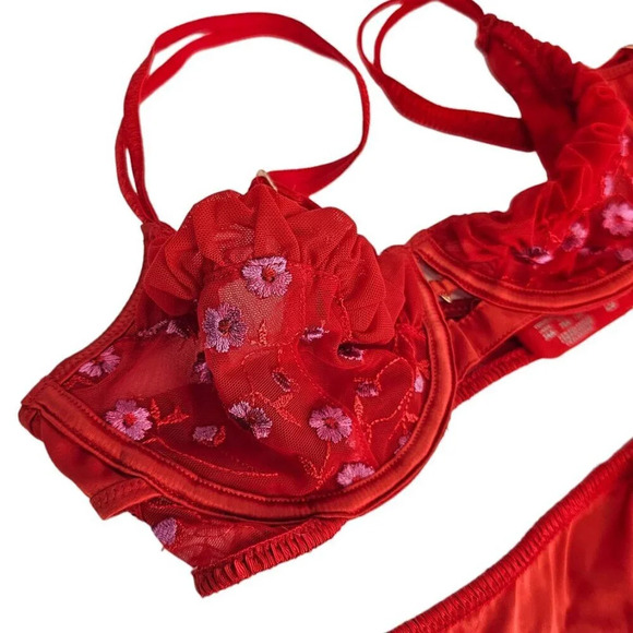 Lounge Katya Intimates Bra / Garter Set Size 34 A and M Garter Red Embroidered - Picture 12 of 13